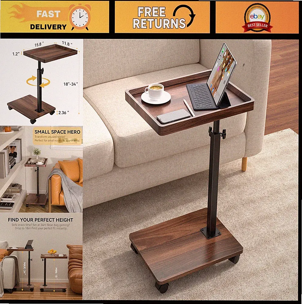Adjustable Height C Table - 360° Swivel TV Tray for Small Spaces, Couch & Bedsid