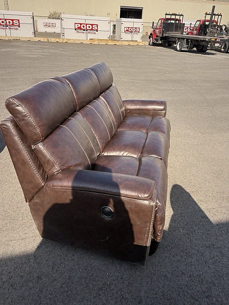 Brown Leather Reclining Loveseat, 2-Seater, High Back, Padded Arms