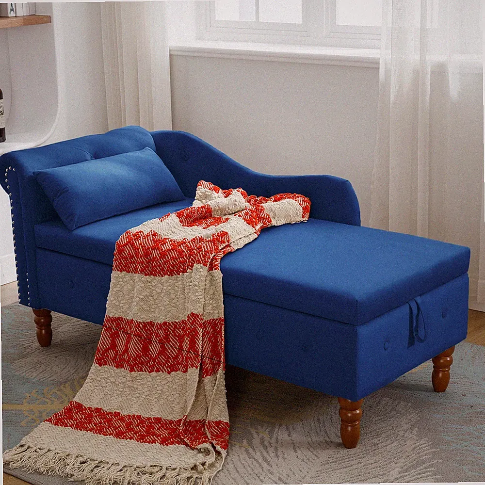 Button Tufted Velvet Chaise Lounge Chair Recliner with Storage Rolled Arm Pillow