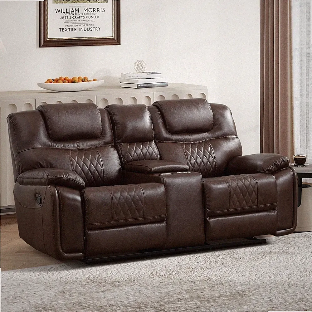 EBELLO Genuine Leather Manual Loveseat Recliner, 2 Seat Sofa with Cup Holders