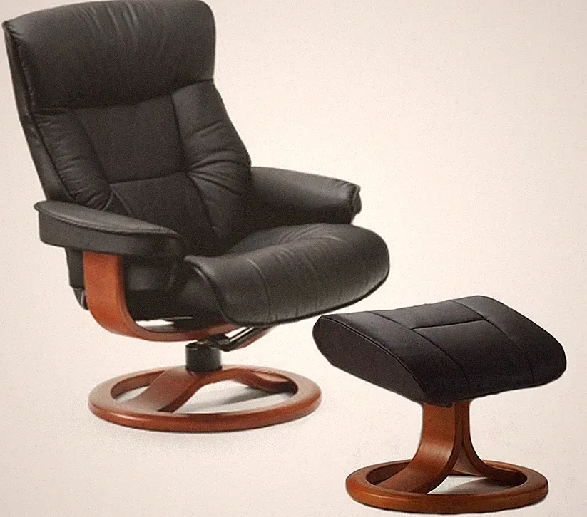 Fjords Bergen Small Recliner Comfort Chair - Black Leather Teak Wood Stain