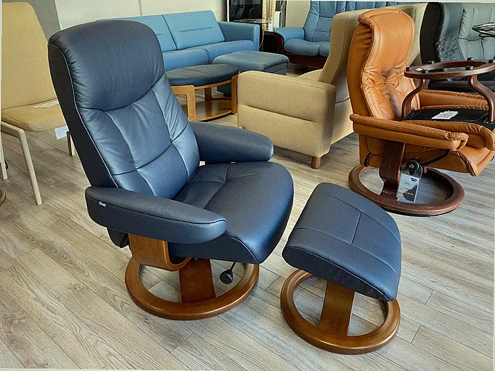 Fjords Muldal Large Recliner Chair + Ottoman Navy Blue Leather Walnut Wood Stain