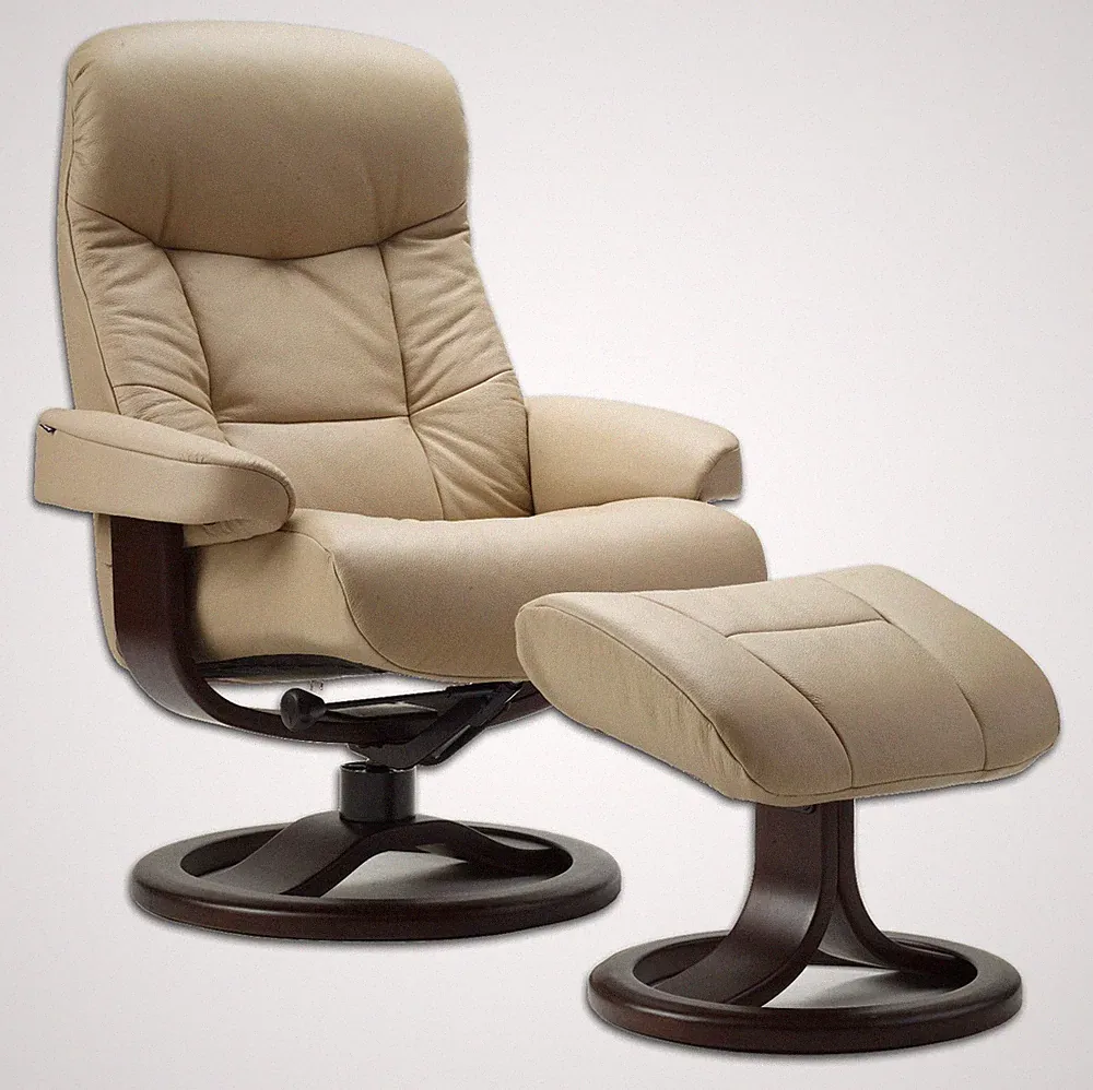 Fjords Muldal Small Recliner Chair - Sandel Tan Leather - Espresso Wood Stain