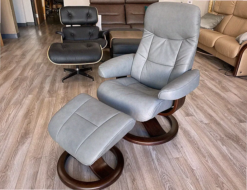 💥 Fjords Muldal Small Recliner Comfort Chair - Granite Leather - Chocolate Wood