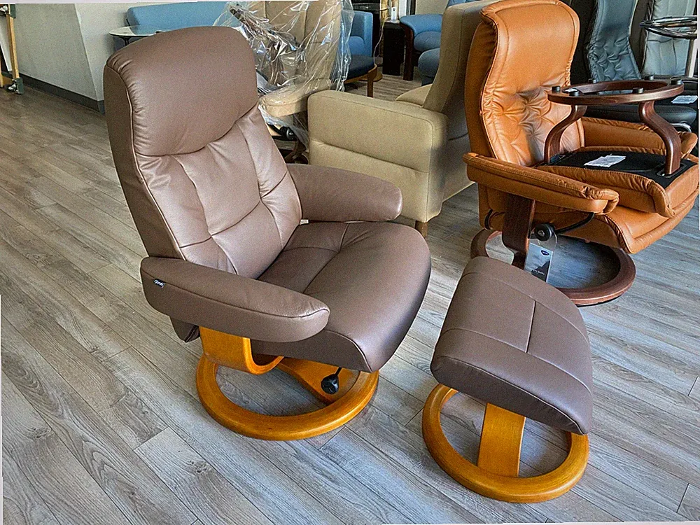 Fjords Muldal Small Recliner Comfort Chair with Walnut Leather Cherry Wood Stain
