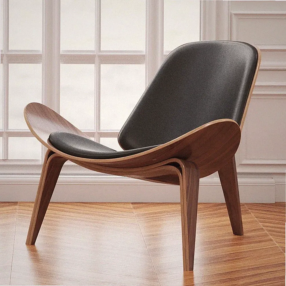 Mid Century Accent Shell Chair Leather Wood Lounge Chair Hans Wegner Style NEW