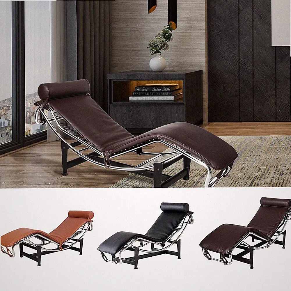 Mid-Century Modern Chaise Lounge Chair Genuine Leather Recliner