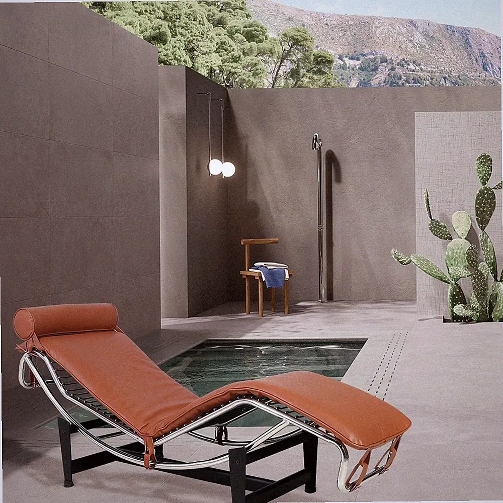 Mid-Century Modern Recliner Chaise Lounge Chair Genuine Leather Cushion Tan