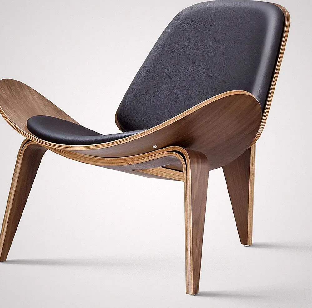 Mid Century Modern Shell Lounge Chair in Walnut PU Leather Accent Chair