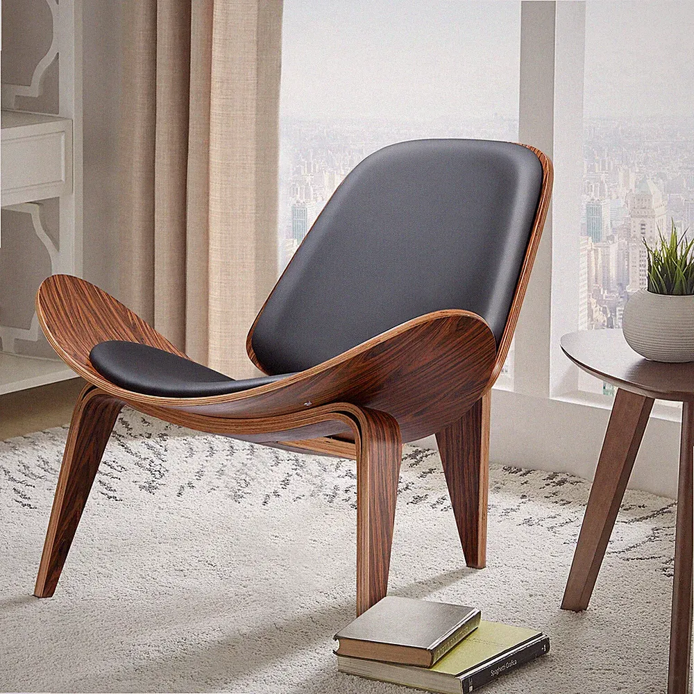 Mid-Century Modern Shell Lounge Chair PU Leather Accent Solid Wood Living Room